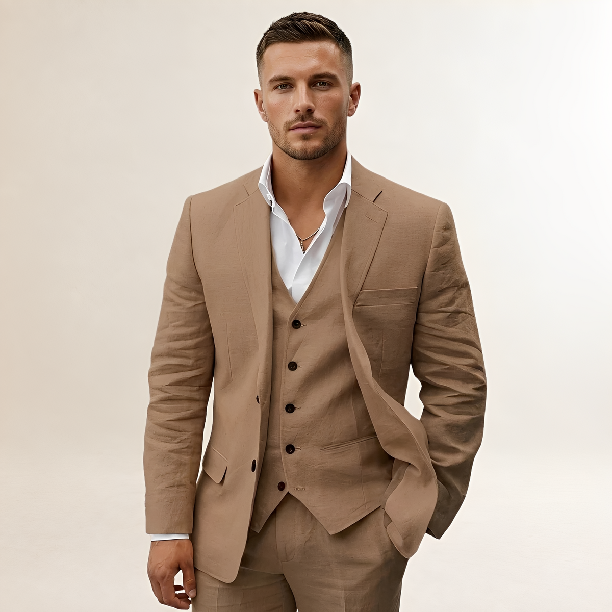 Costume trois pièces pour homme veste pantalon et gilet à revers crantés et fermeture bouton
