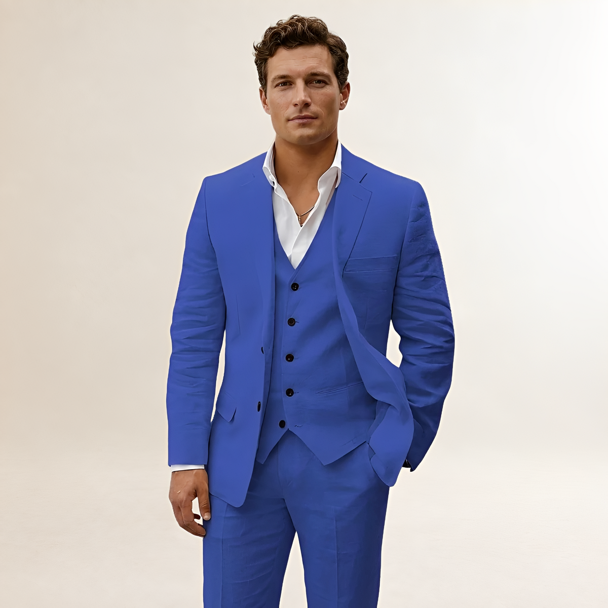 Costume trois pièces pour homme veste pantalon et gilet à revers crantés et fermeture bouton