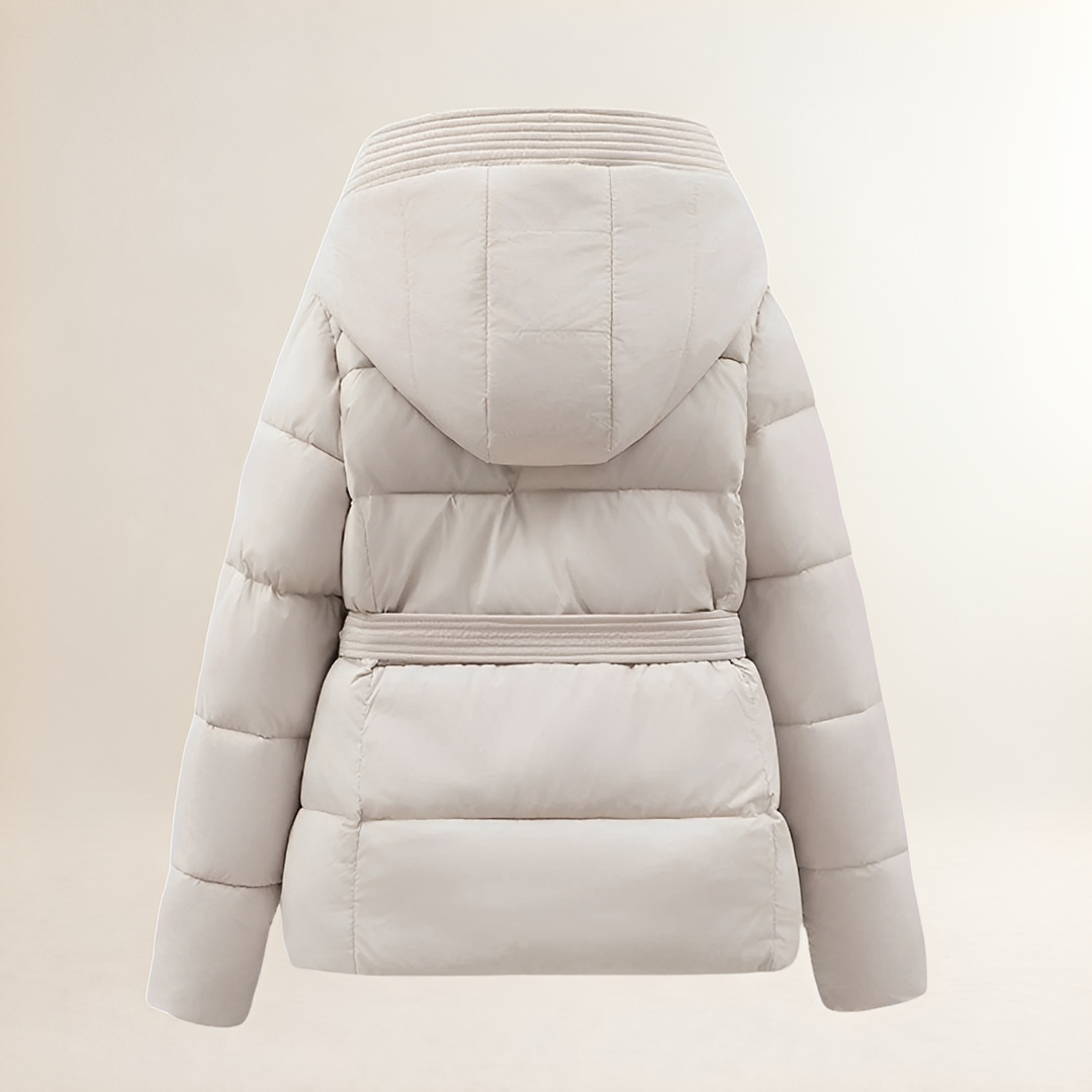 Doudoune femme à capuche et ceinture matelassée