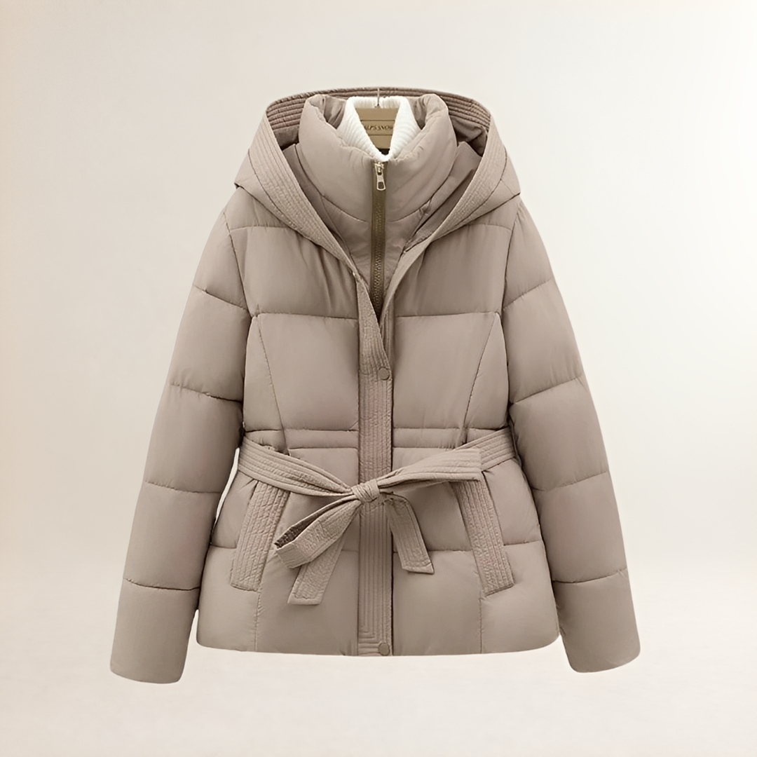 Doudoune femme à capuche et ceinture matelassée