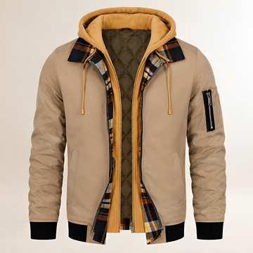 Doudoune pour homme capa - blouson aviateur à capuche double couche avec poches zippées et doublure à carreaux, coupe régulière