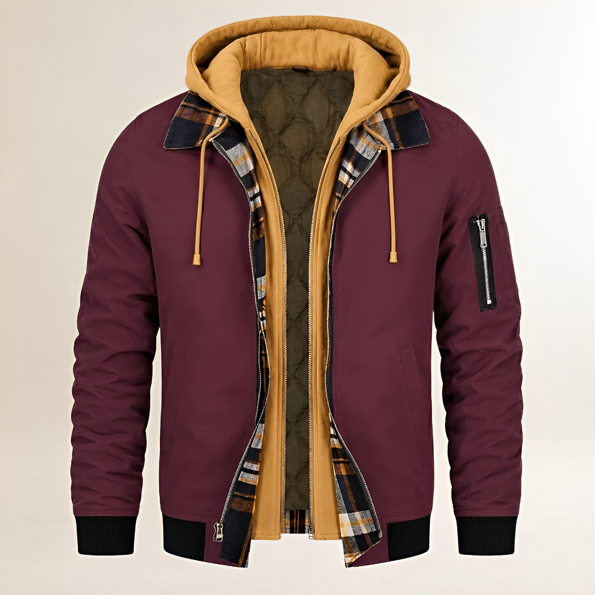 Doudoune pour homme capa - blouson aviateur à capuche double couche avec poches zippées et doublure à carreaux, coupe régulière