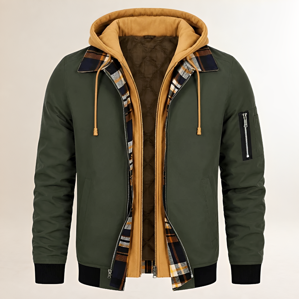 Doudoune pour homme capa - blouson aviateur à capuche double couche avec poches zippées et doublure à carreaux, coupe régulière