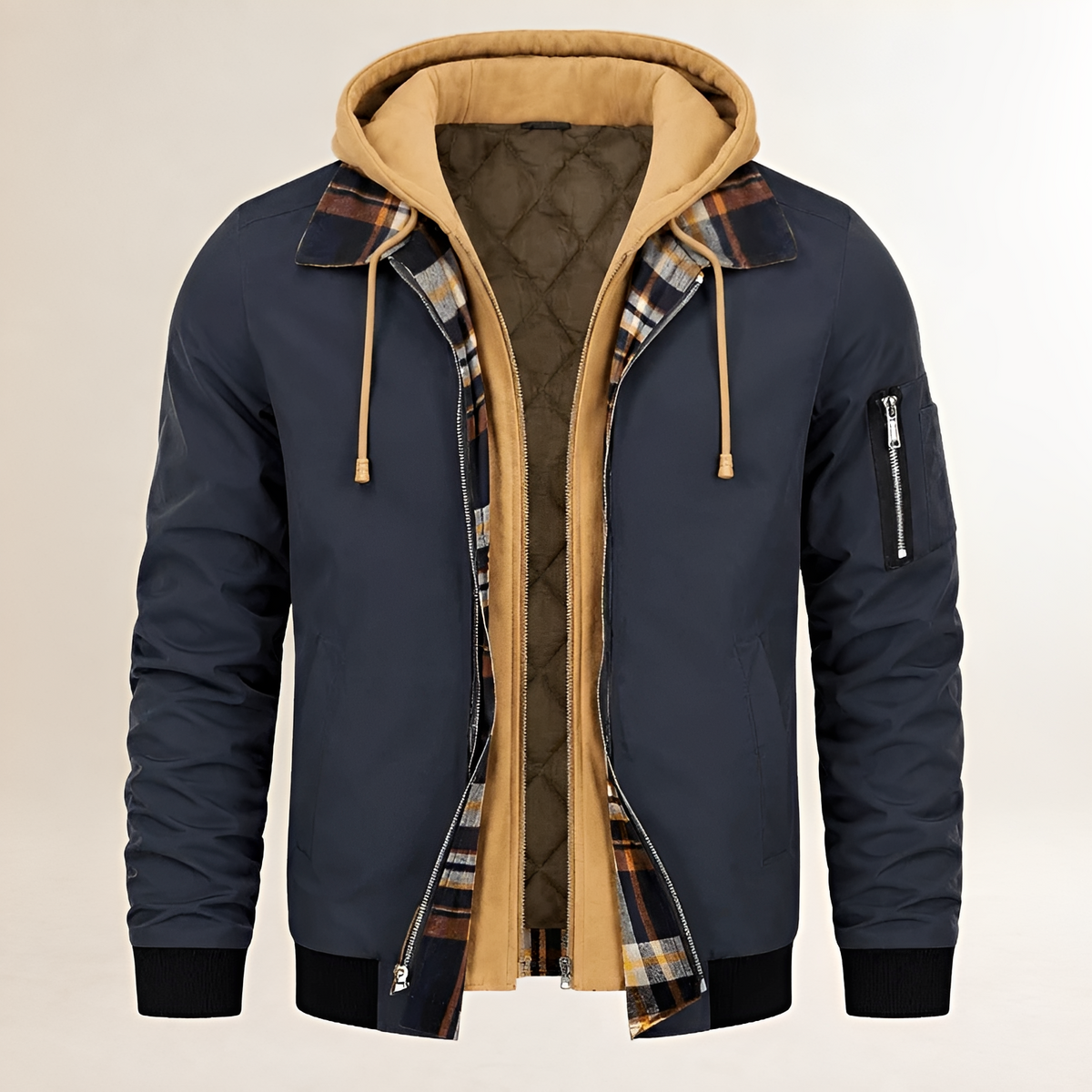 Doudoune pour homme capa - blouson aviateur à capuche double couche avec poches zippées et doublure à carreaux, coupe régulière