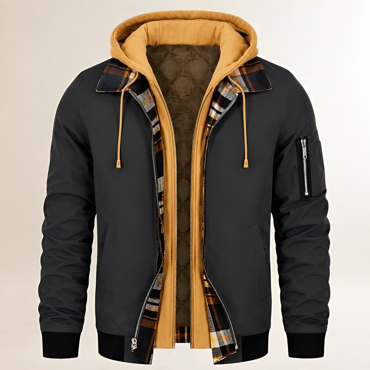 Doudoune pour homme capa - blouson aviateur à capuche double couche avec poches zippées et doublure à carreaux, coupe régulière