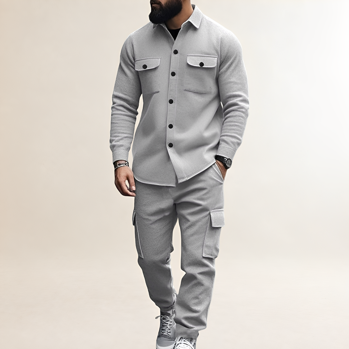 Ensemble cargo pour homme - Veste à boutons avec poches poitrine et pantalon à taille élastique