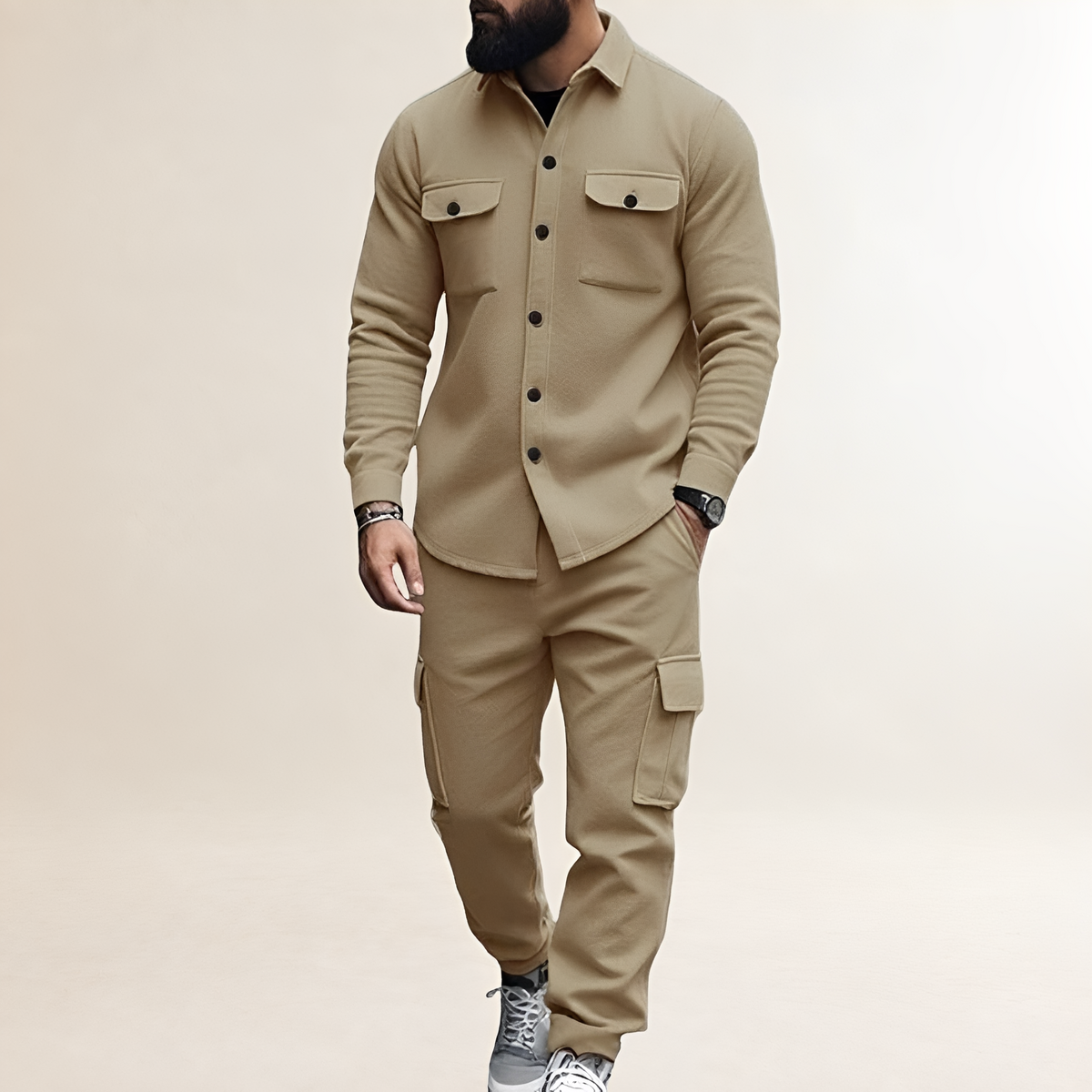 Ensemble cargo pour homme - Veste à boutons avec poches poitrine et pantalon à taille élastique