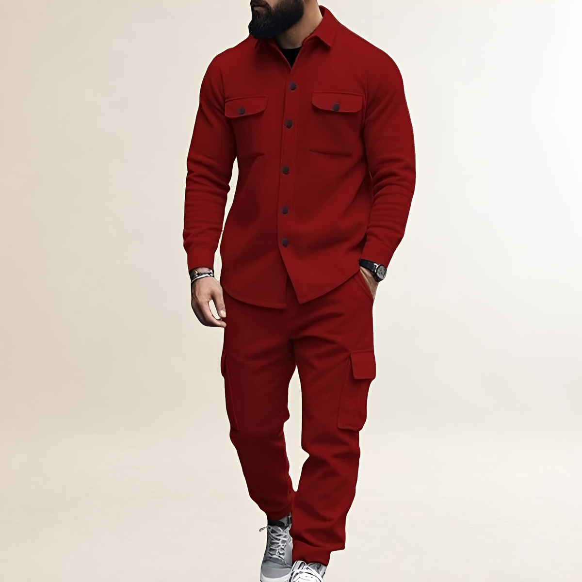 Ensemble cargo pour homme - Veste à boutons avec poches poitrine et pantalon à taille élastique