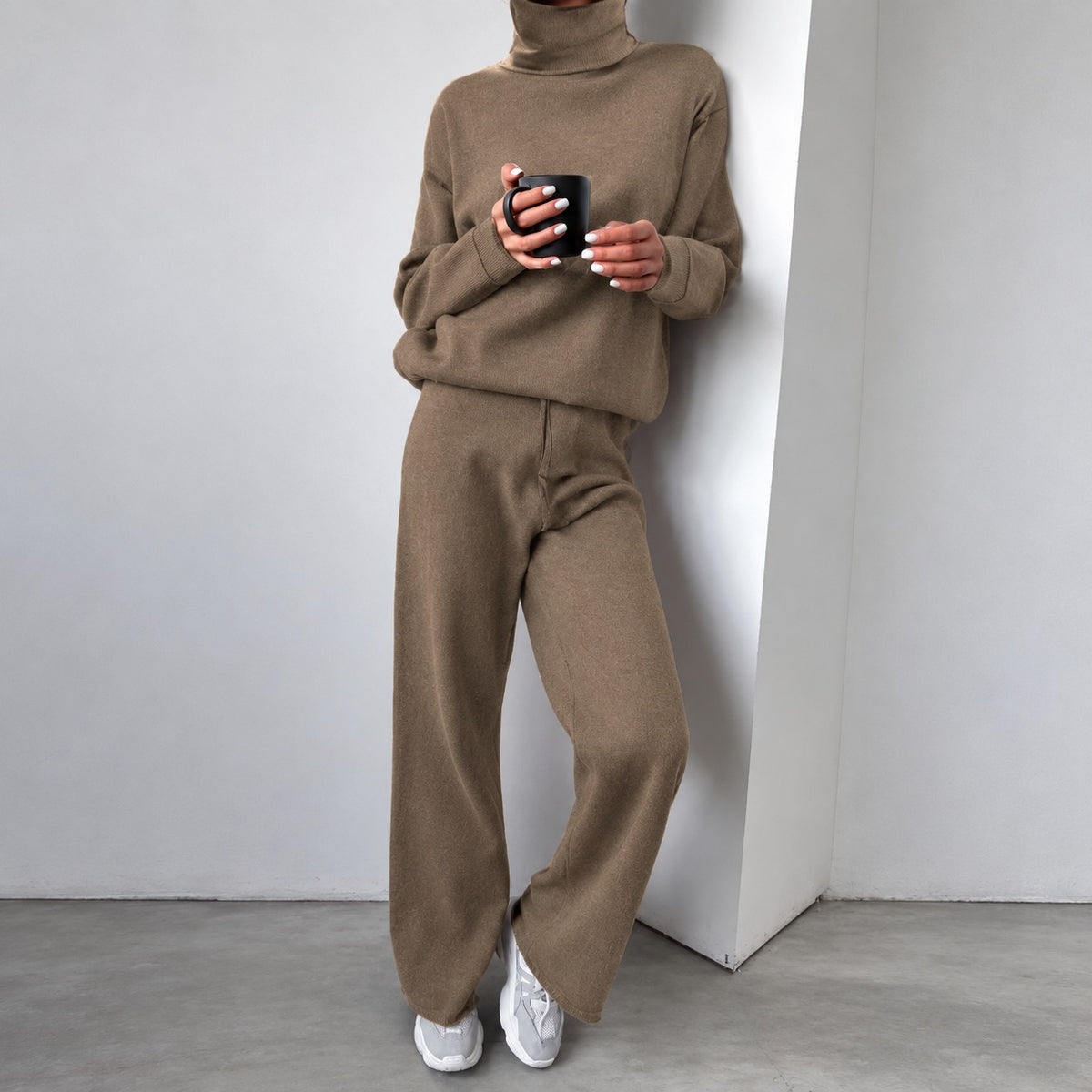 Ensemble décontracté pour femmes pull à col roulé et pantalon à jambes larges
