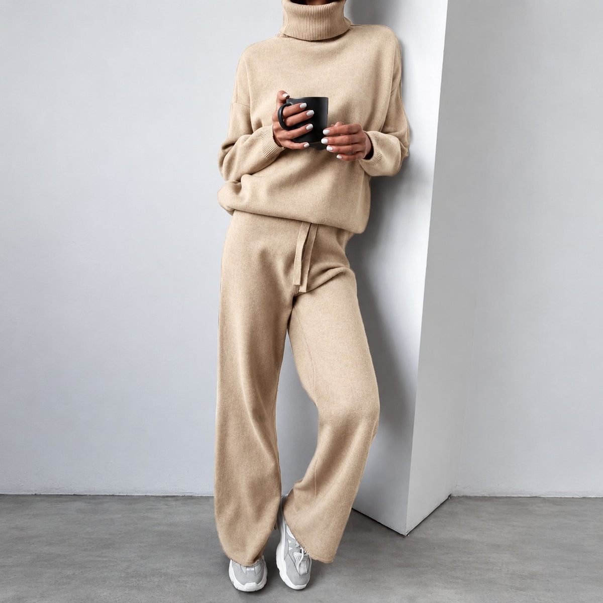 Ensemble décontracté pour femmes pull à col roulé et pantalon à jambes larges