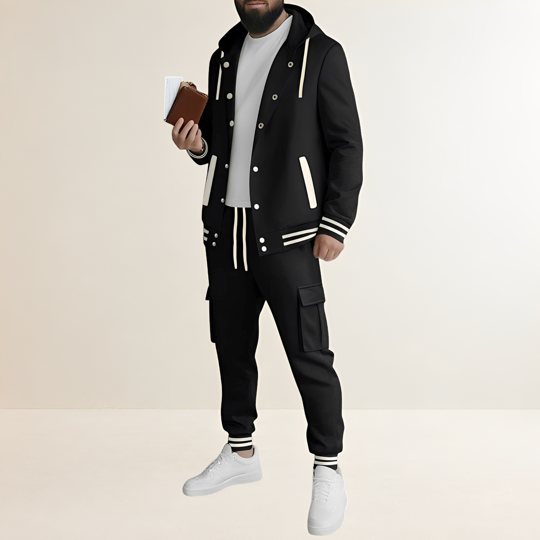 Ensemble de sport pour homme veste à capuche à boutonnière et pantalon cargo