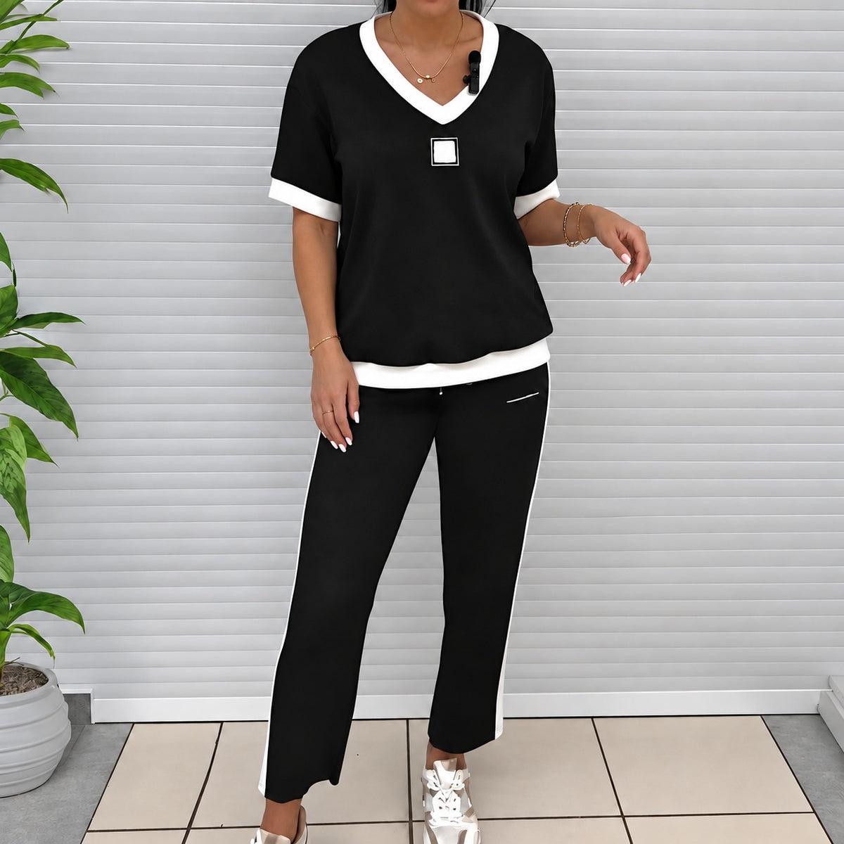 Ensemble deux pièces femme T-shirt à col V et pantalon droit à taille élastique