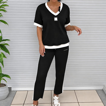 Ensemble deux pièces femme T-shirt à col V et pantalon droit à taille élastique