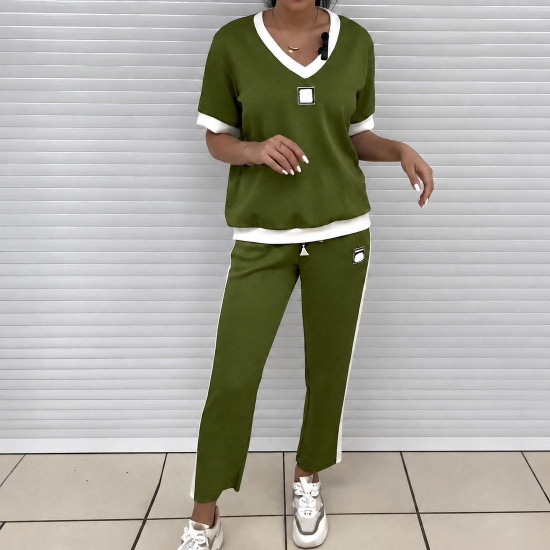 Ensemble deux pièces femme T-shirt à col V et pantalon droit à taille élastique