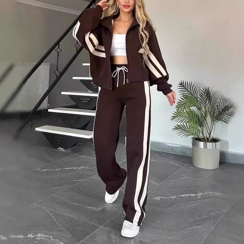 Ensemble deux pièces femme tracksuit à capuche zippée et pantalon large à bandes latérales