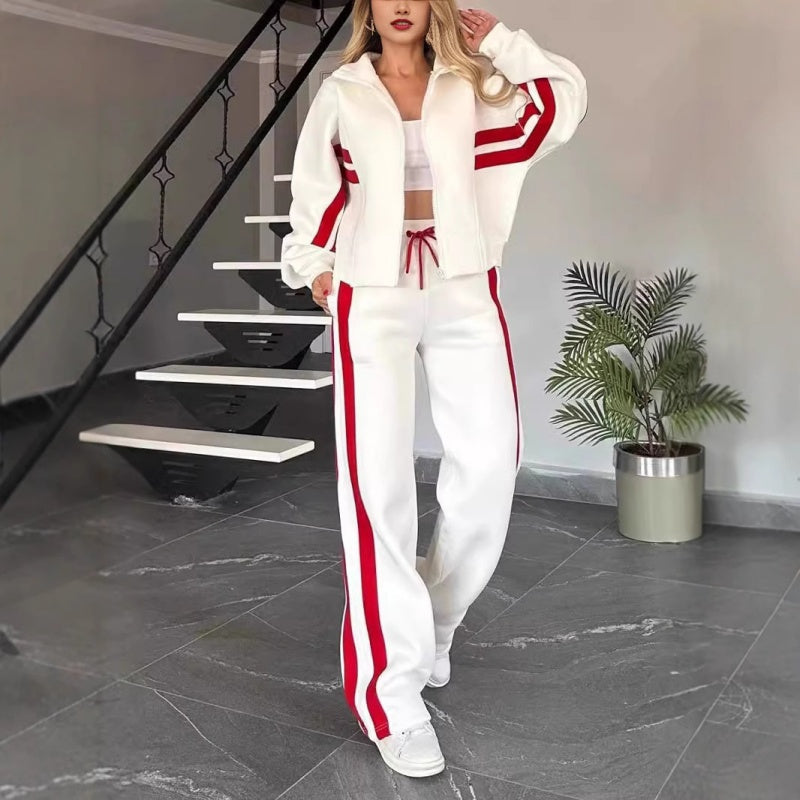Ensemble deux pièces femme tracksuit à capuche zippée et pantalon large à bandes latérales