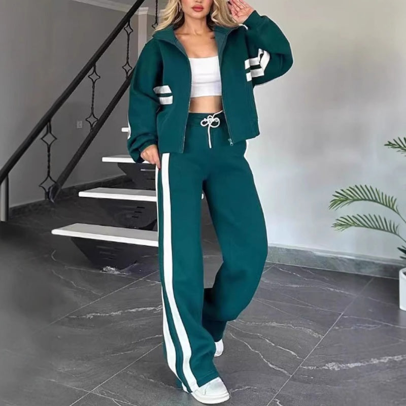 Ensemble deux pièces femme tracksuit à capuche zippée et pantalon large à bandes latérales