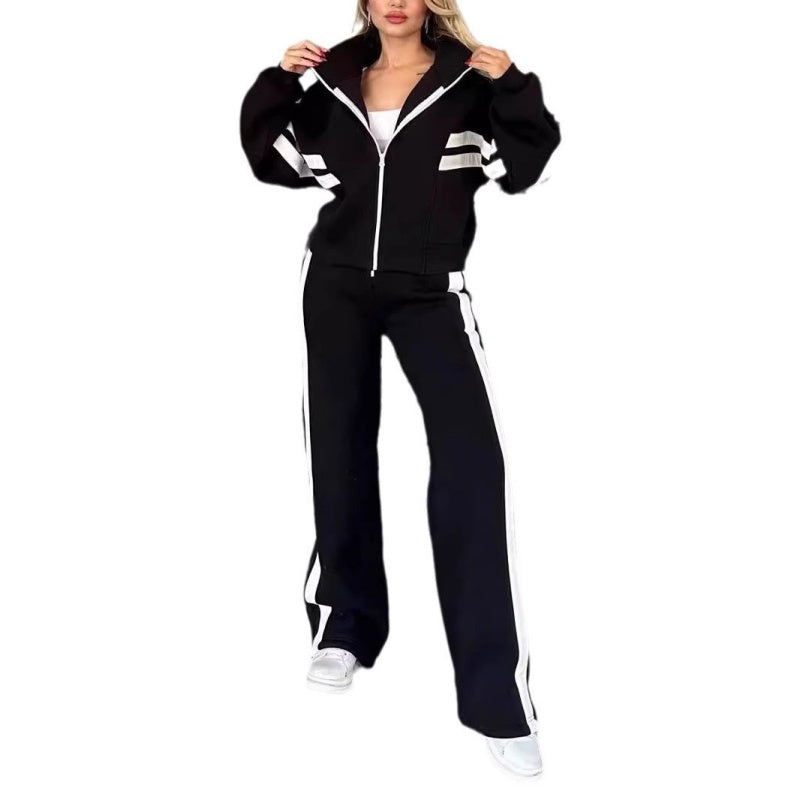 Ensemble deux pièces femme tracksuit à capuche zippée et pantalon large à bandes latérales