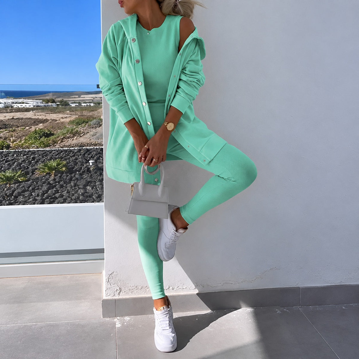 Ensemble femme cardigan à manches longues boutonné et leggings ajustés