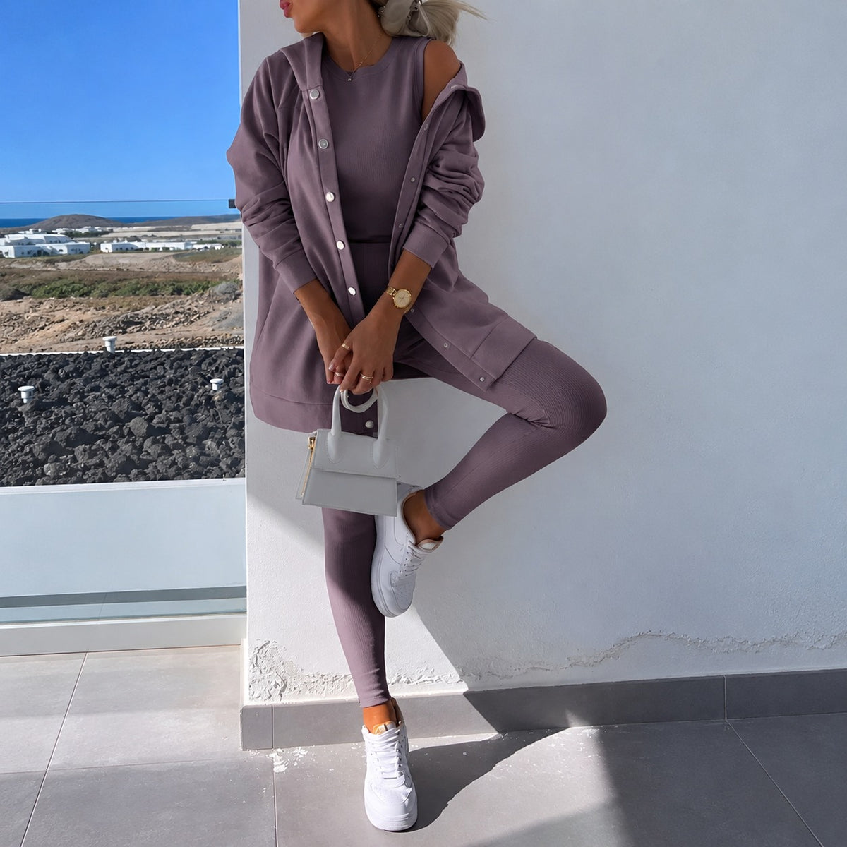 Ensemble femme cardigan à manches longues boutonné et leggings ajustés