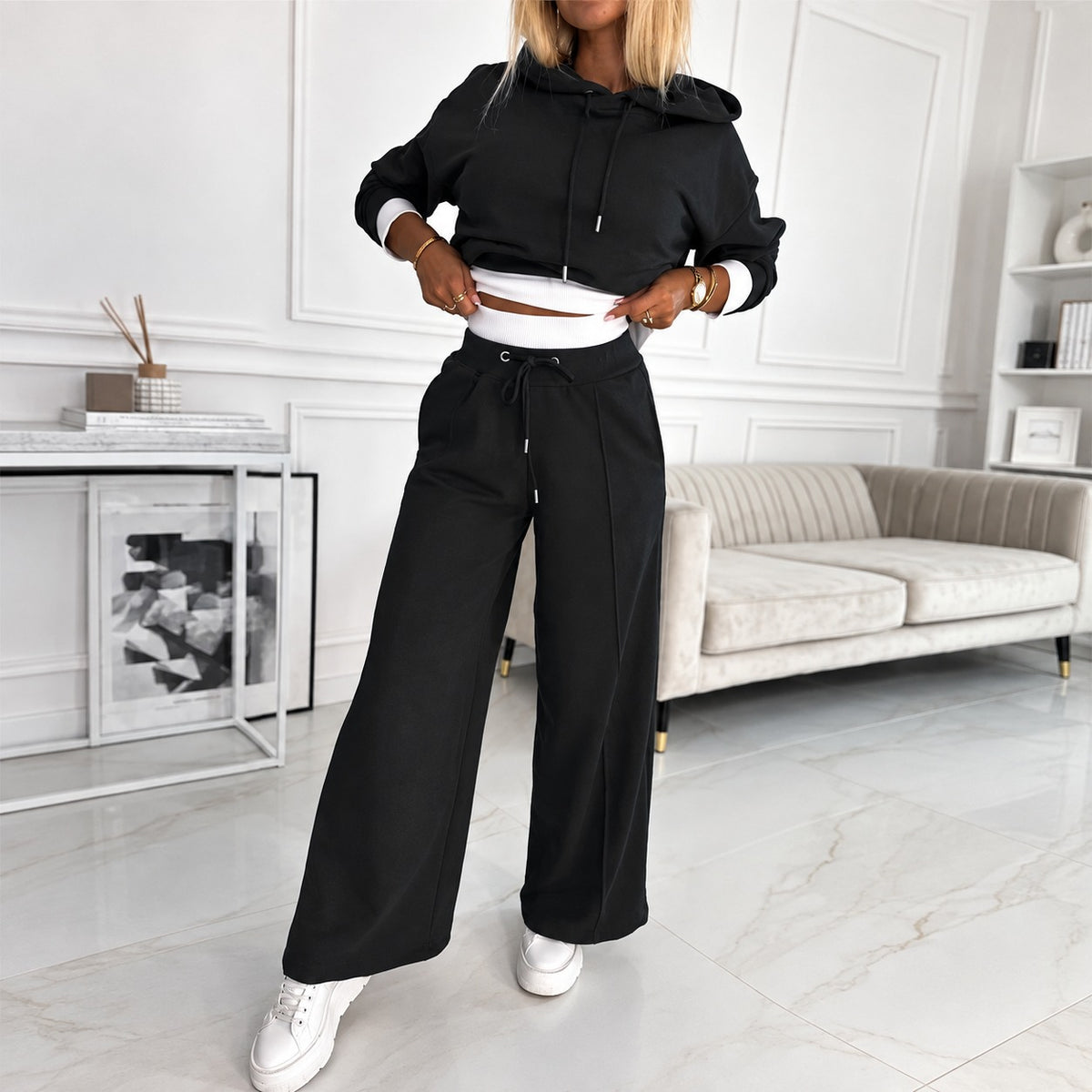 Ensemble femme sweat à capuche et pantalon large coupe décontractée