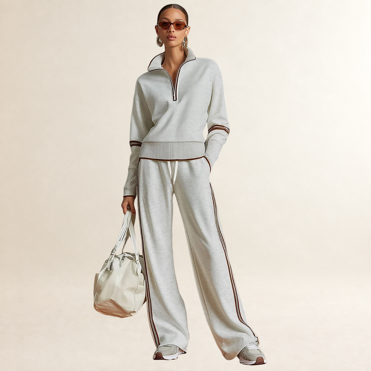 Ensemble femme sweat à demi-zip et pantalon large à rayures style sportif