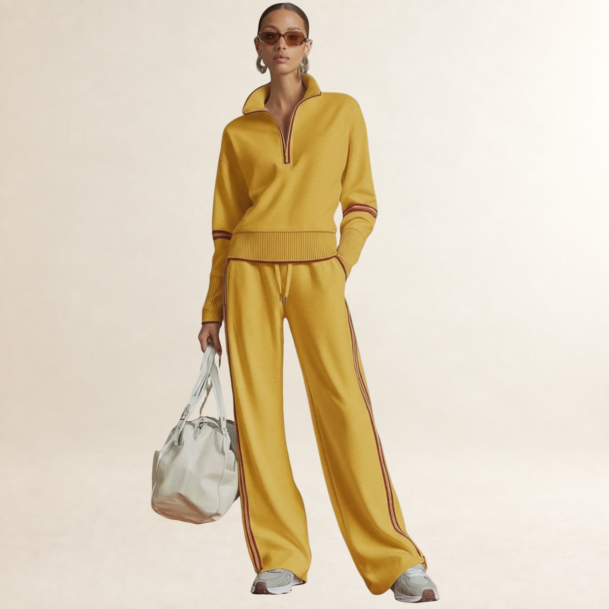 Ensemble femme sweat à demi-zip et pantalon large à rayures style sportif
