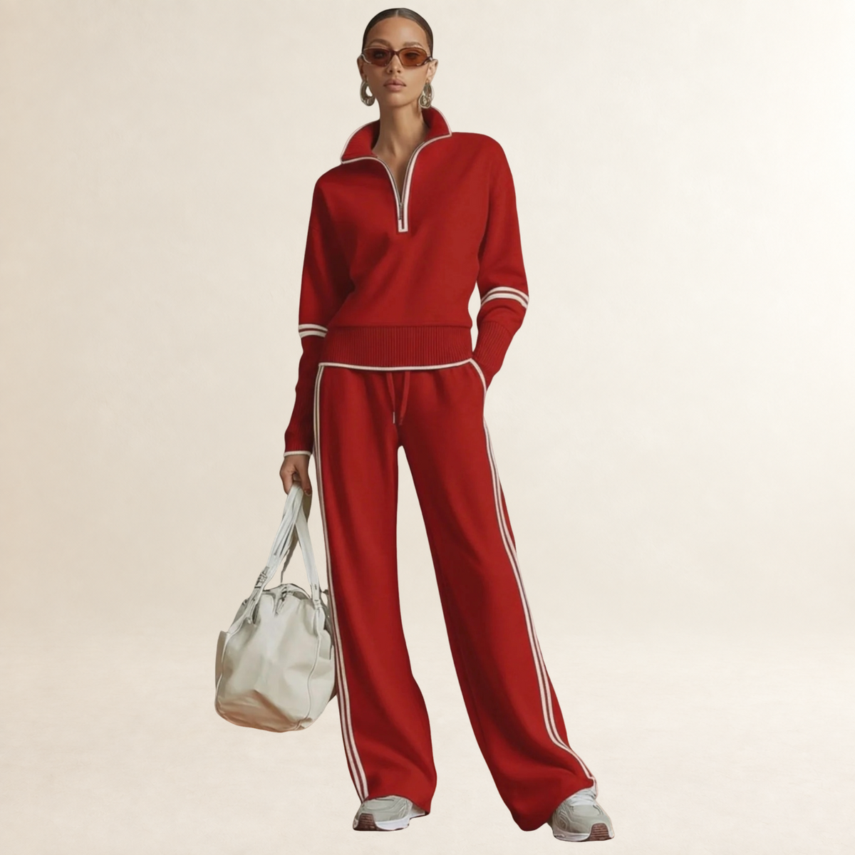 Ensemble femme sweat à demi-zip et pantalon large à rayures style sportif