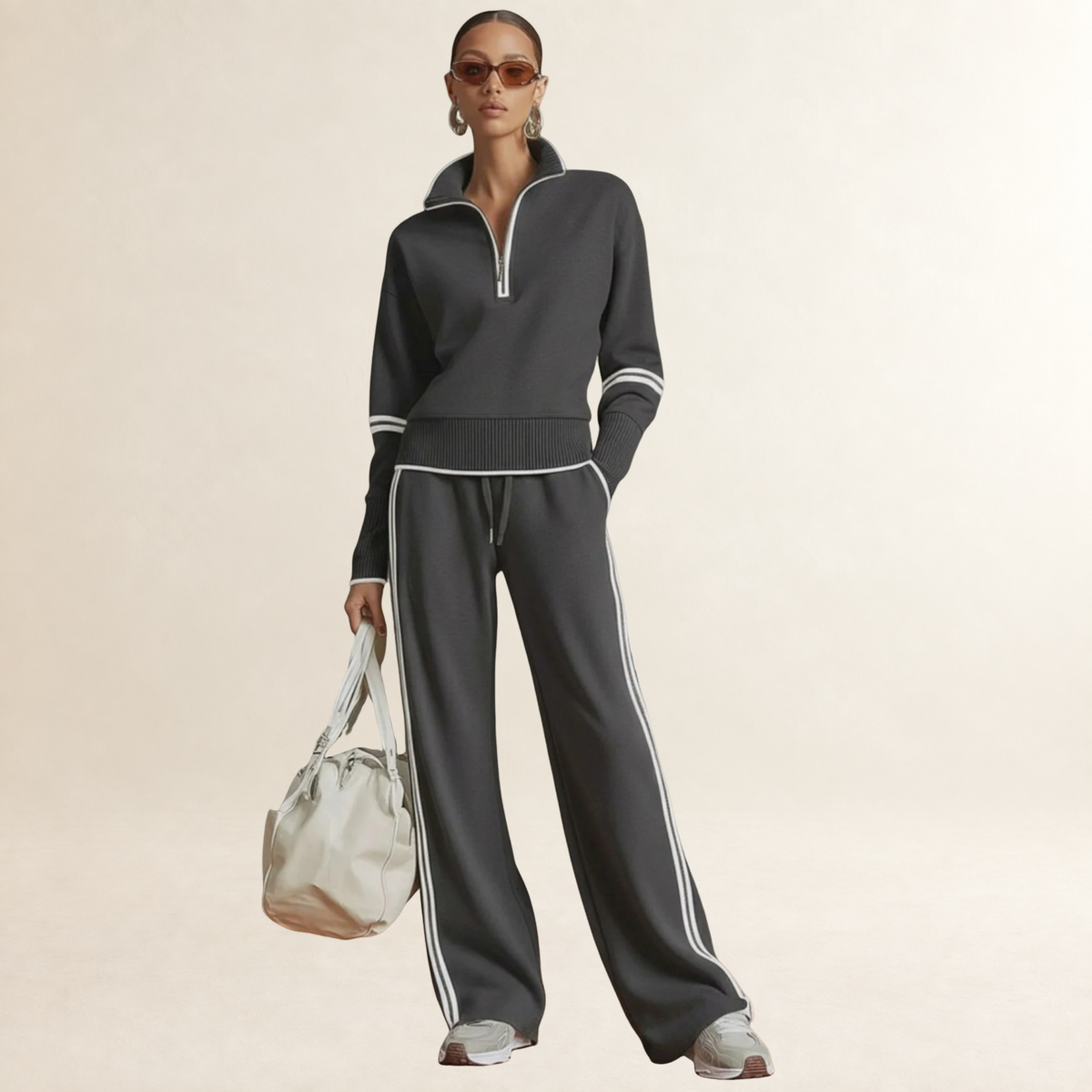 Ensemble femme sweat à demi-zip et pantalon large à rayures style sportif