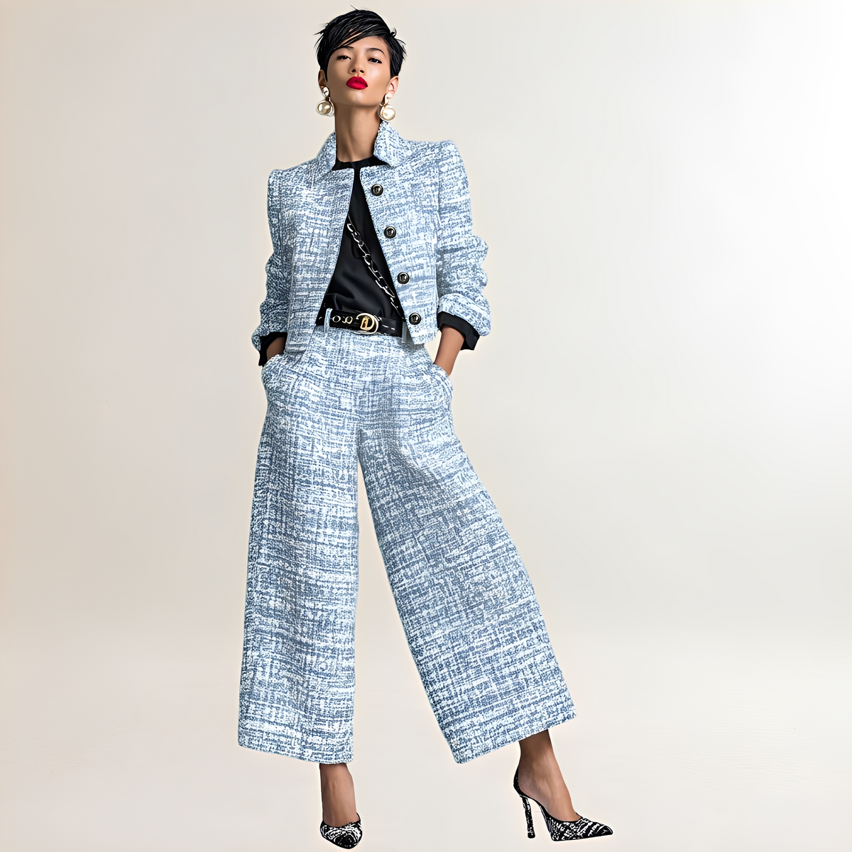 Ensemble femme veste courte à boutons et pantalon évasé taille haute