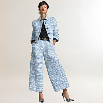 Ensemble femme veste courte à boutons et pantalon évasé taille haute