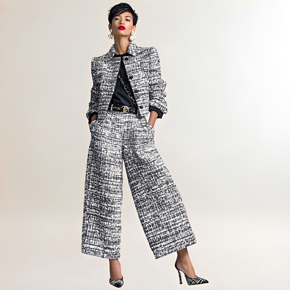 Ensemble femme veste courte à boutons et pantalon évasé taille haute
