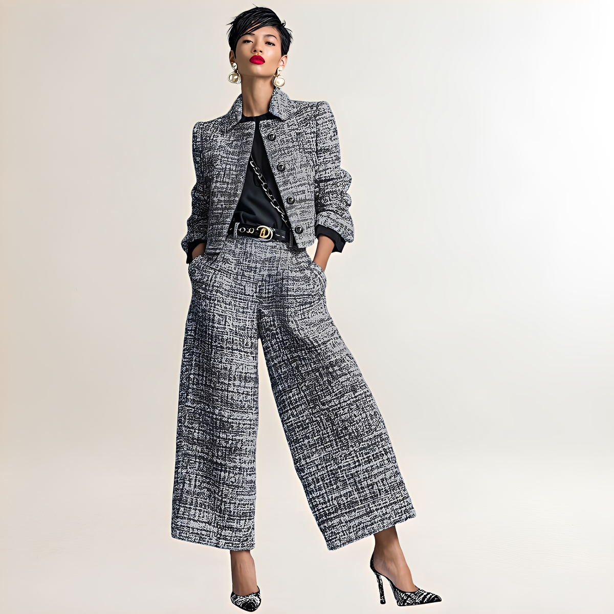 Ensemble femme veste courte à boutons et pantalon évasé taille haute