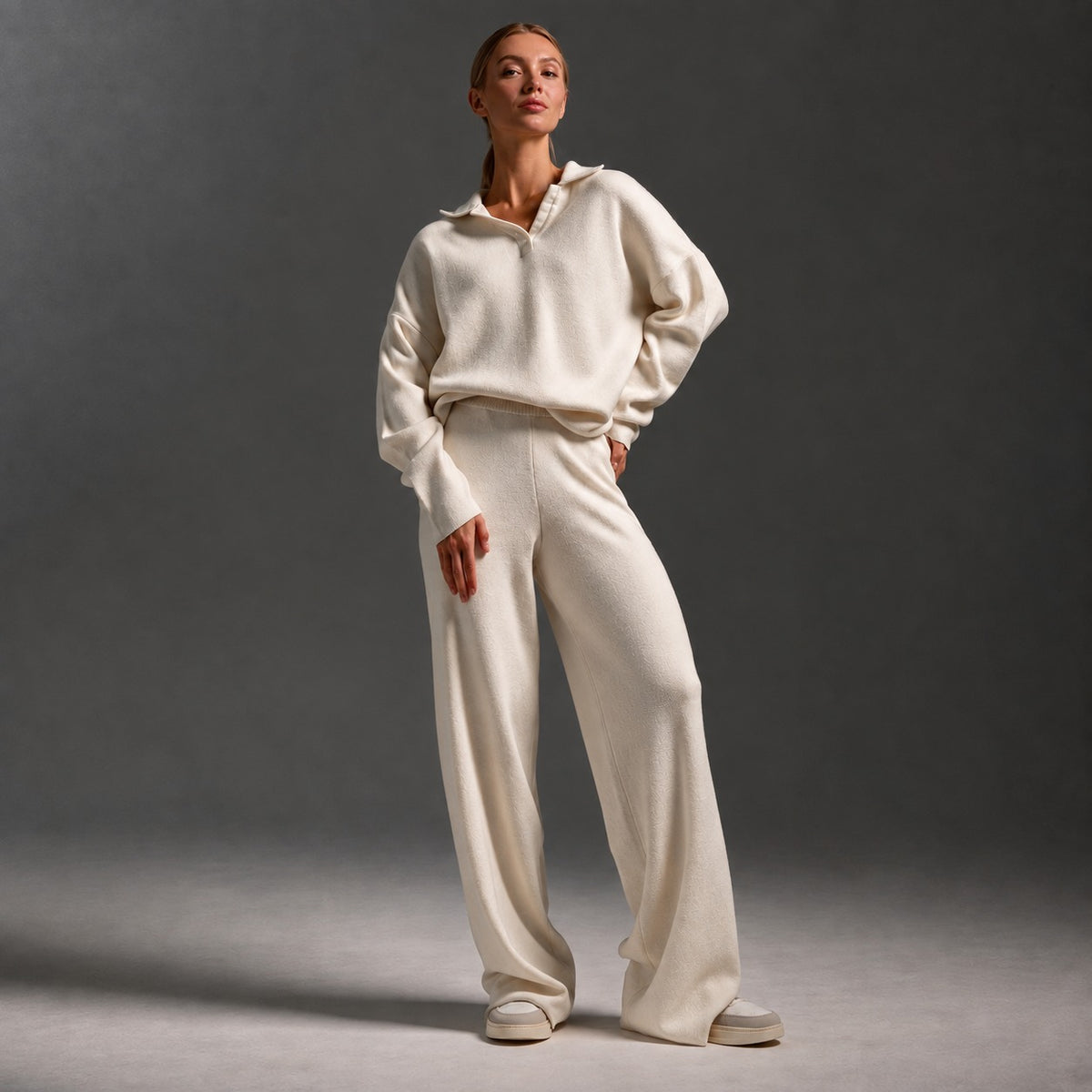 Ensemble lounge femme polo col long manches larges pantalon fluide