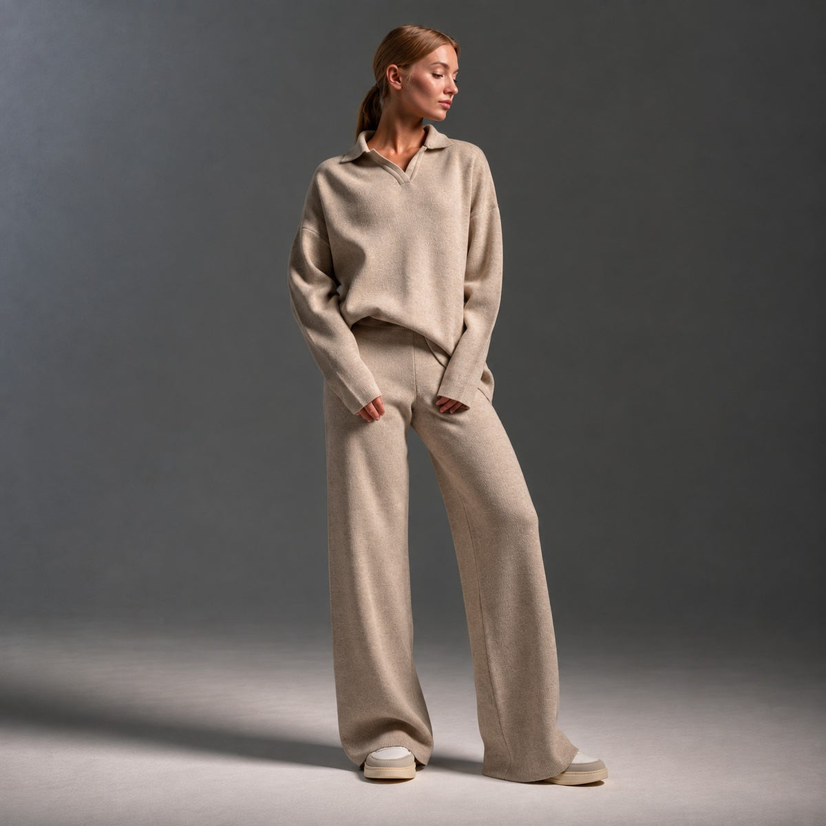 Ensemble lounge femme polo col long manches larges pantalon fluide