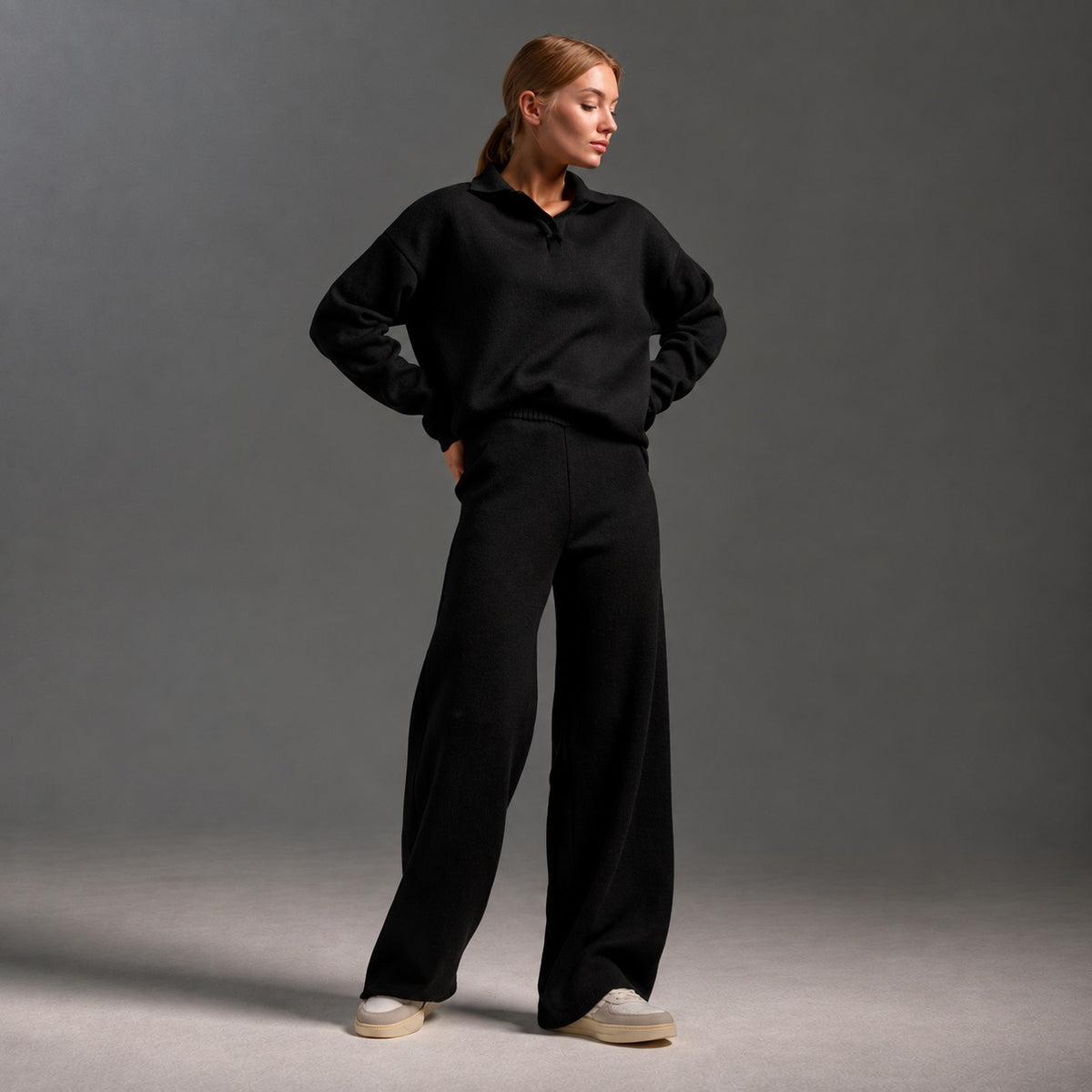Ensemble lounge femme polo col long manches larges pantalon fluide