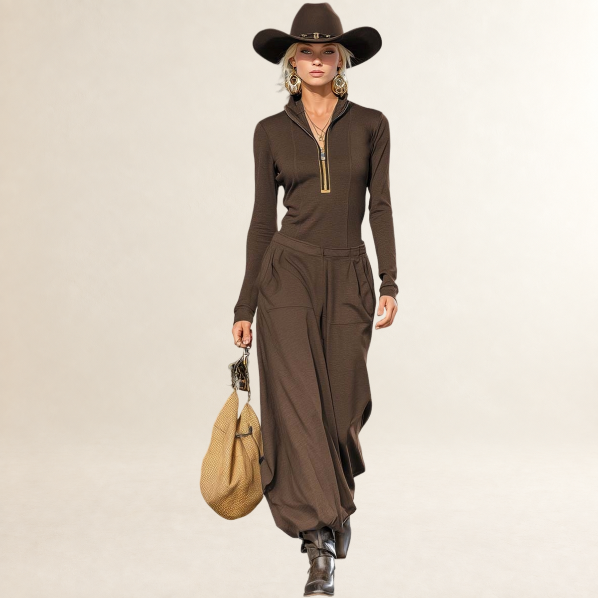 Ensemble pour femmes haut à col mi-haut zip pantalon large coupe décontractée