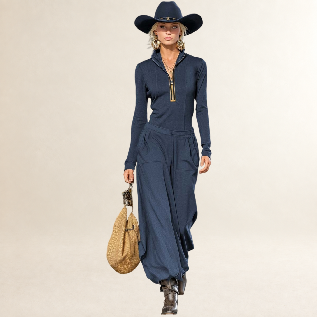 Ensemble pour femmes haut à col mi-haut zip pantalon large coupe décontractée
