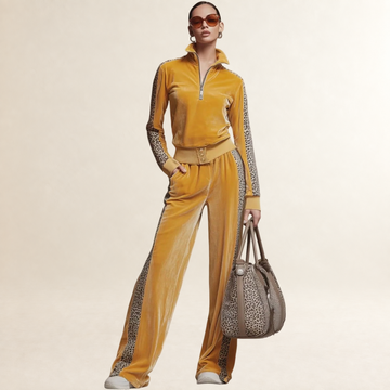Ensemble pour femmes sweat-shirt à demi-zip avec imprimé léopard, pantalon large à taille élastique