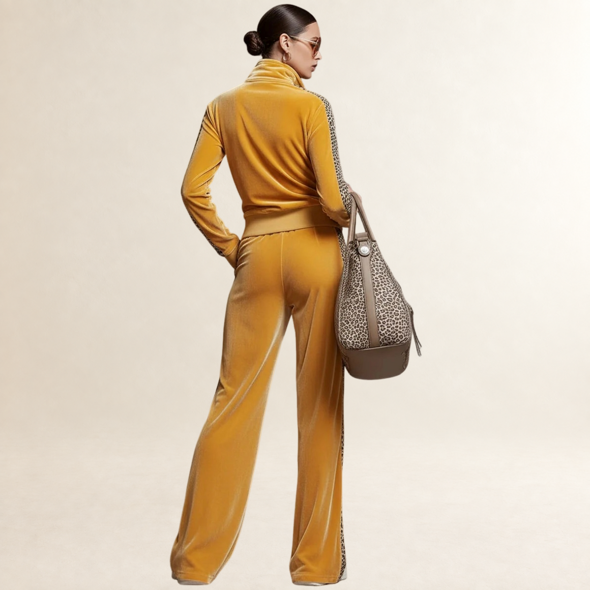 Ensemble pour femmes sweat-shirt à demi-zip avec imprimé léopard, pantalon large à taille élastique