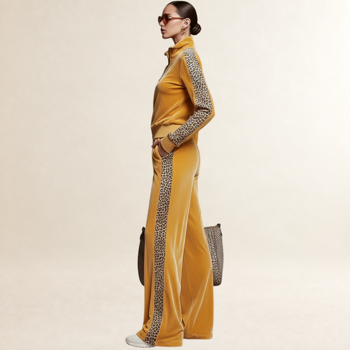 Ensemble pour femmes sweat-shirt à demi-zip avec imprimé léopard, pantalon large à taille élastique