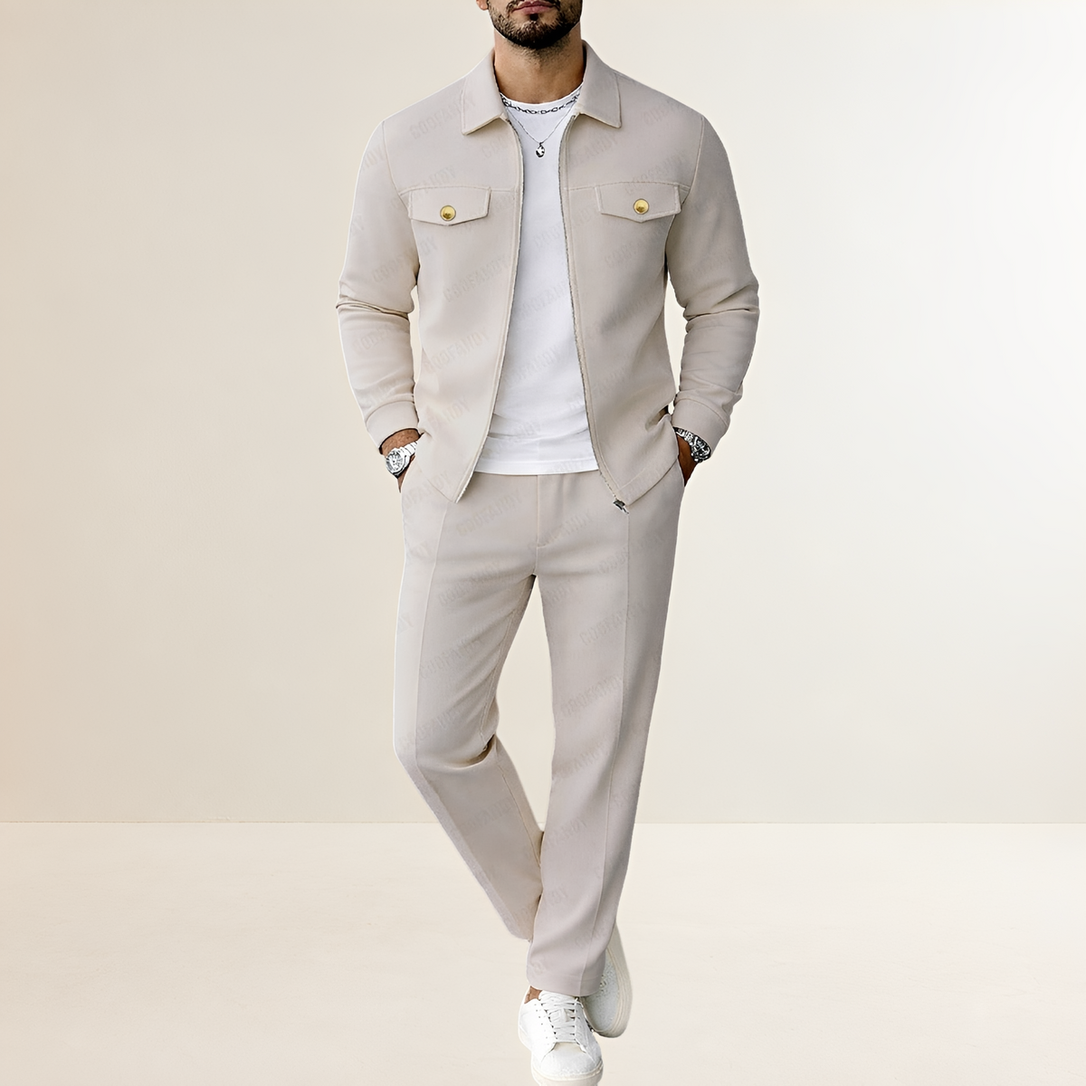 Ensemble pour homme - Veste à fermeture éclair avec poches poitrine et pantalon à taille élastique