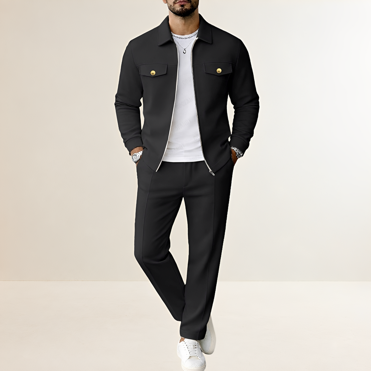 Ensemble pour homme - Veste à fermeture éclair avec poches poitrine et pantalon à taille élastique