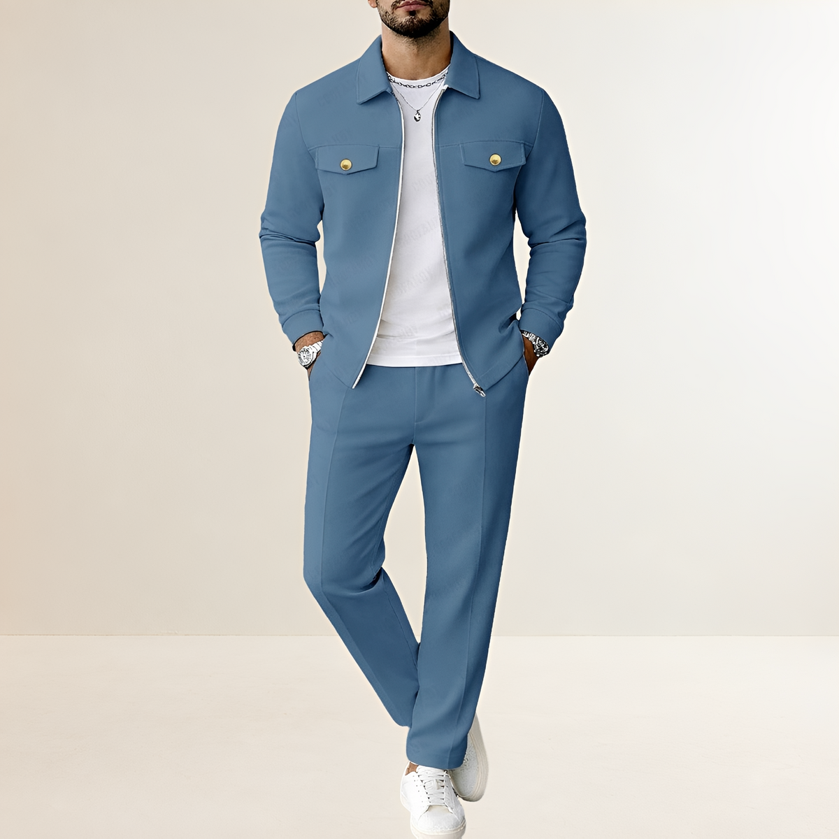 Ensemble pour homme - Veste à fermeture éclair avec poches poitrine et pantalon à taille élastique