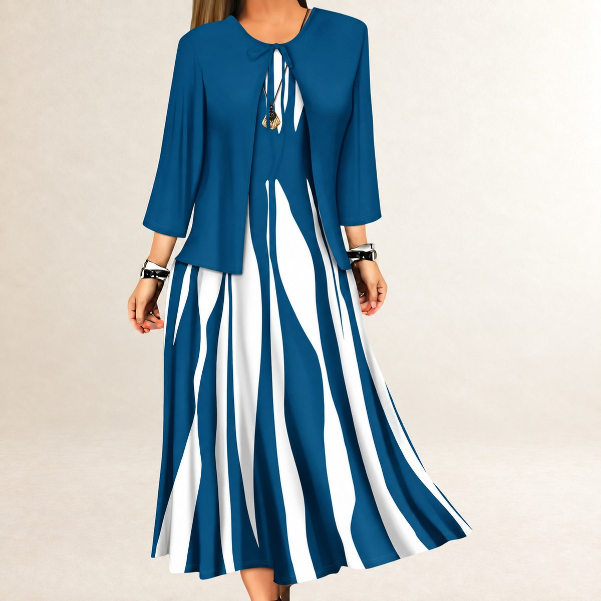 Ensemble robe deux pièces pour femmes - robe maxi à coupe en A sans manches, veste ouverte à manches trois-quarts, motif rayures verticales ondulées