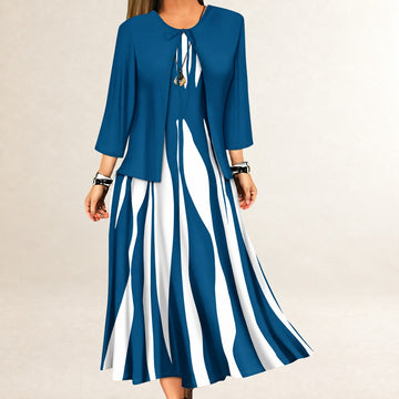 Ensemble robe deux pièces pour femmes - robe maxi à coupe en A sans manches, veste ouverte à manches trois-quarts, motif rayures verticales ondulées