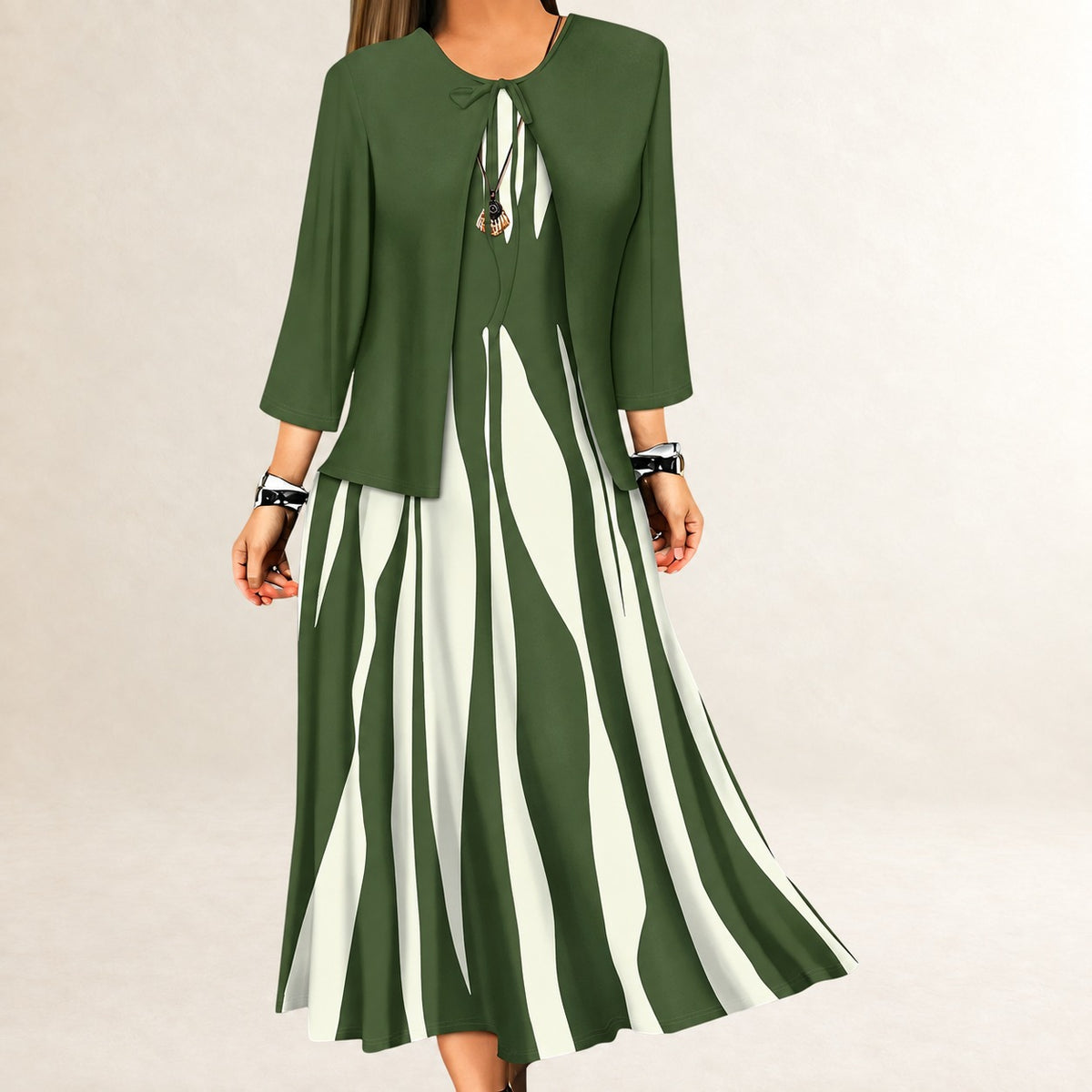 Ensemble robe deux pièces pour femmes - robe maxi à coupe en A sans manches, veste ouverte à manches trois-quarts, motif rayures verticales ondulées