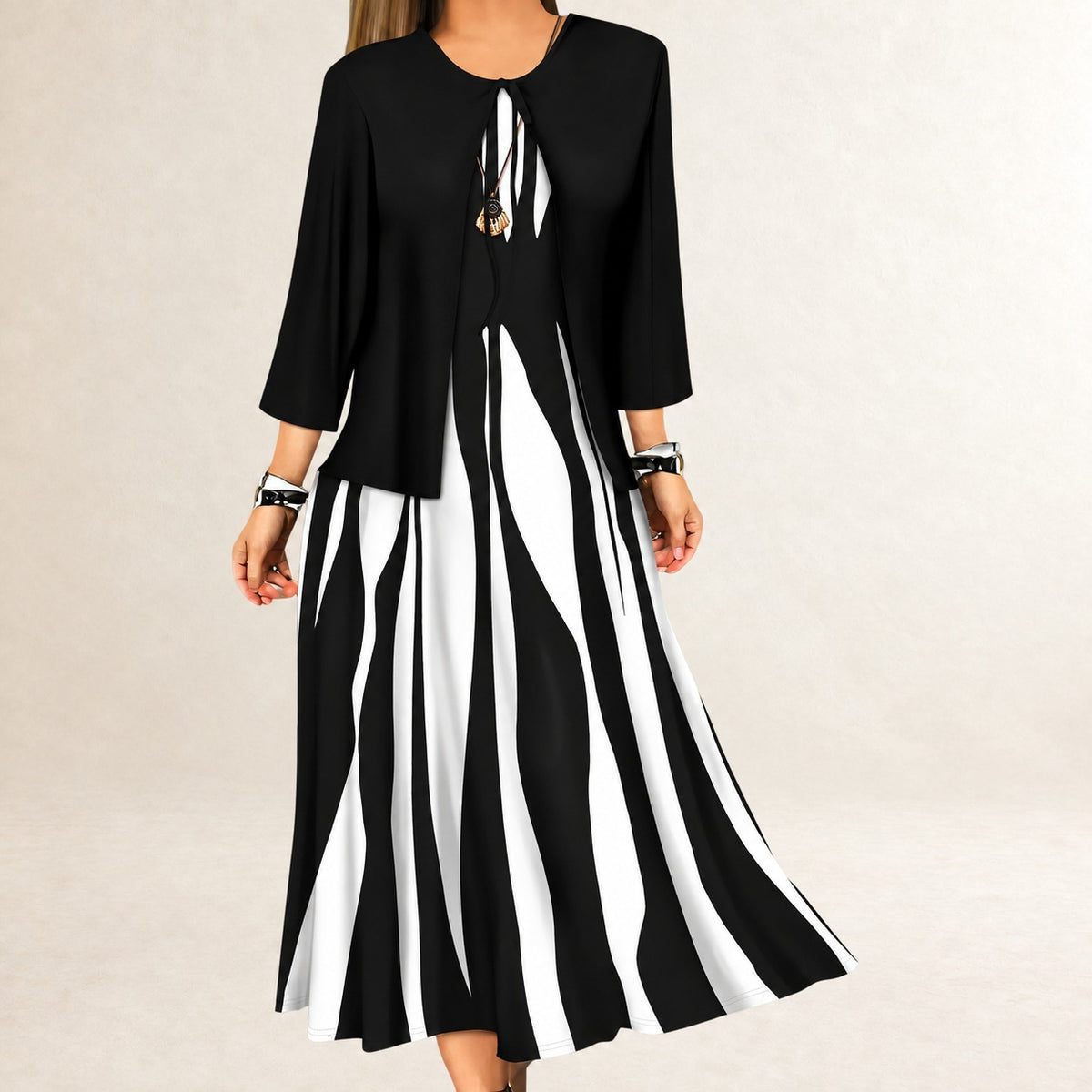 Ensemble robe deux pièces pour femmes - robe maxi à coupe en A sans manches, veste ouverte à manches trois-quarts, motif rayures verticales ondulées
