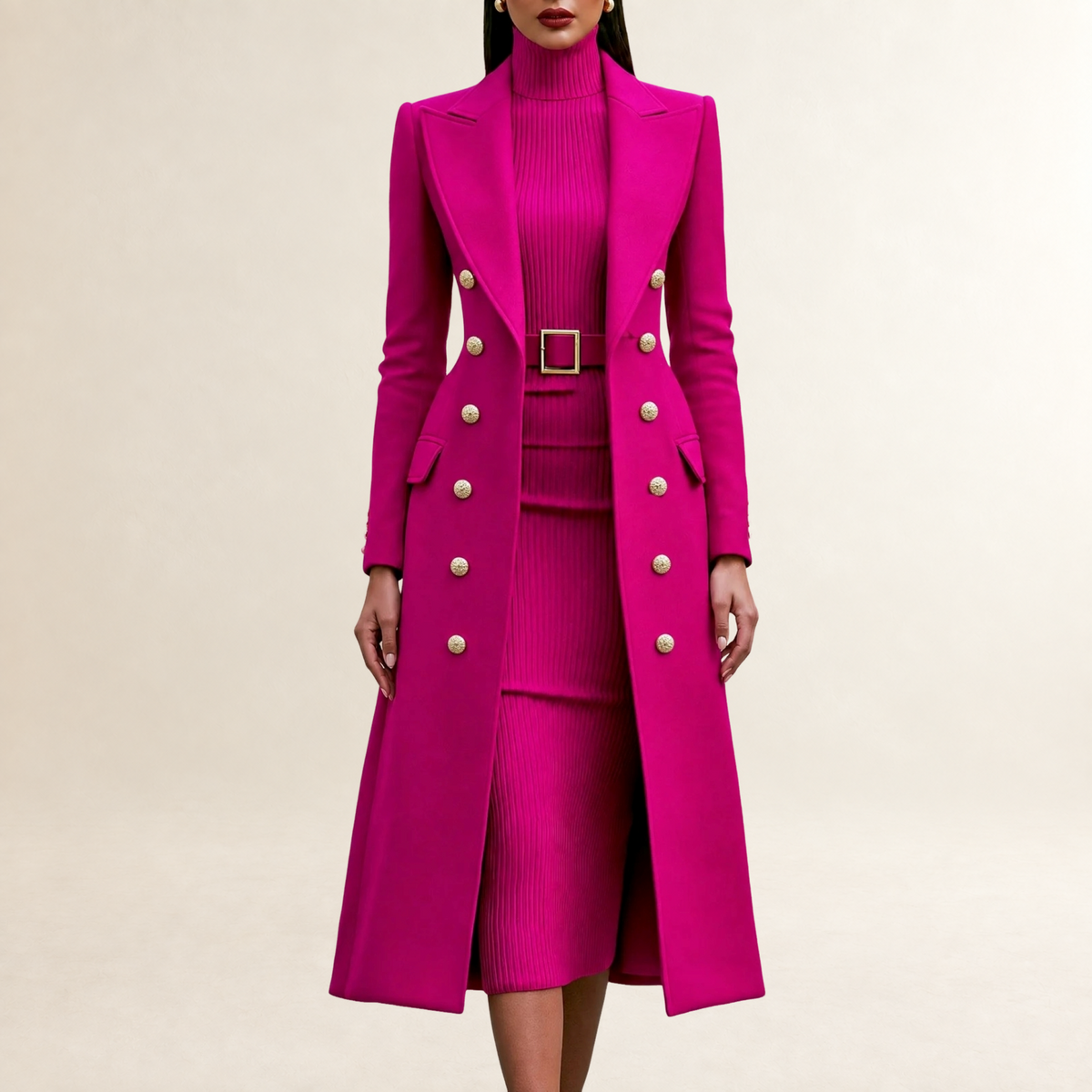 Ensemble robe et manteau femme tailleur coupe droite col roulé boutons dorés