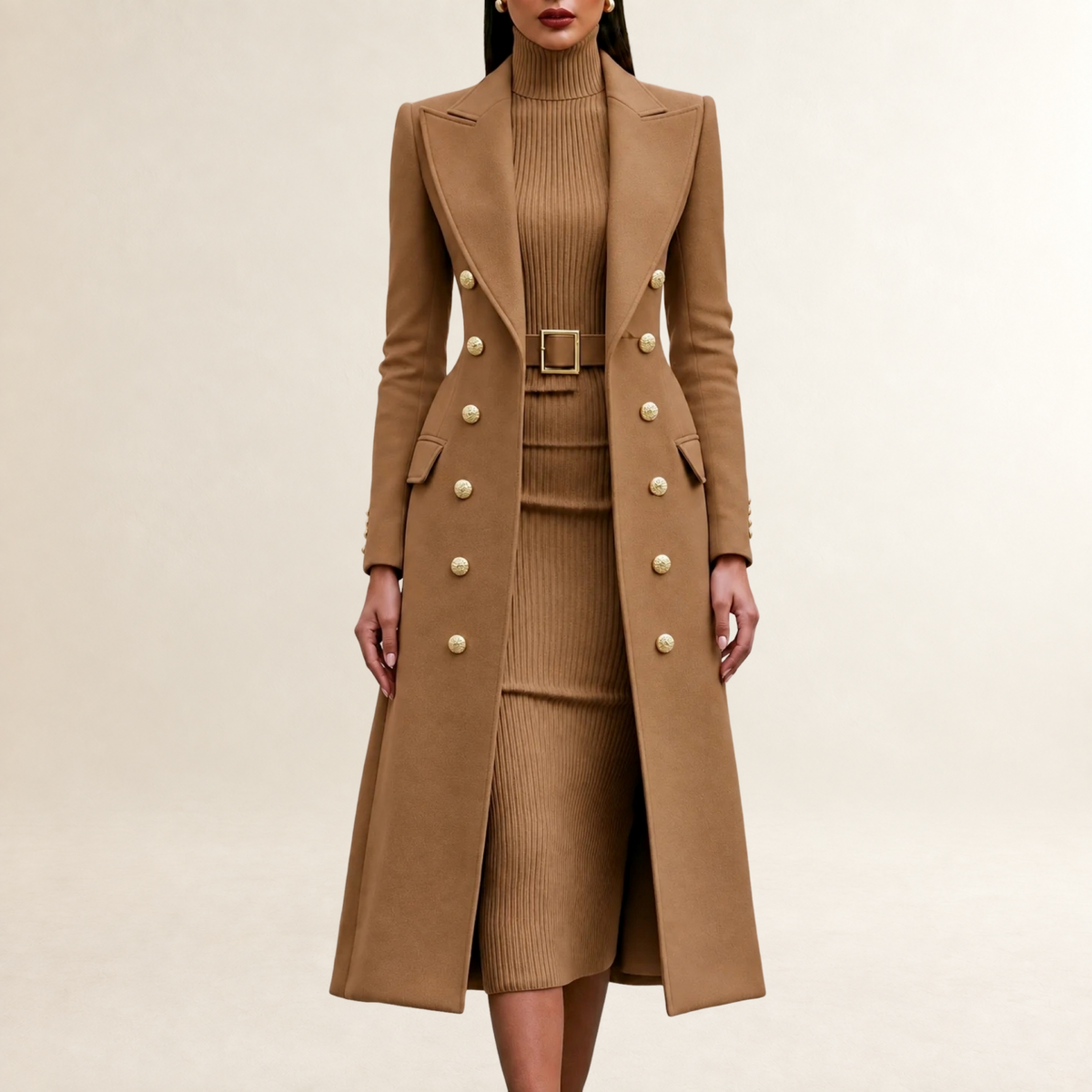 Ensemble robe et manteau femme tailleur coupe droite col roulé boutons dorés
